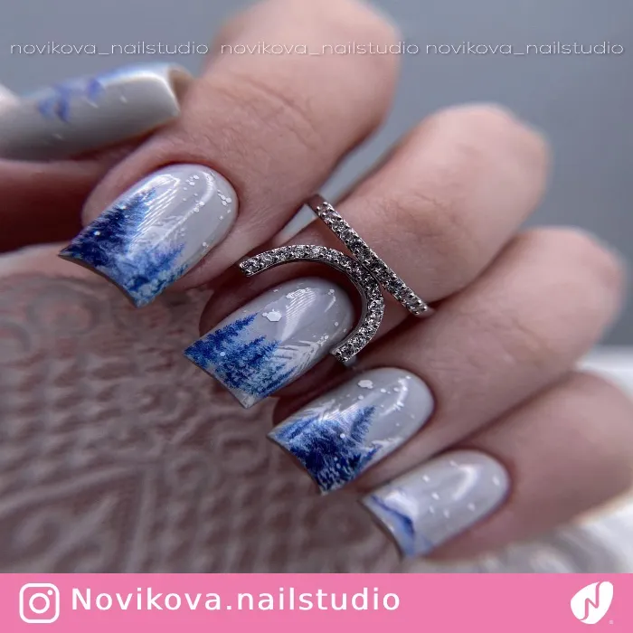 Winter Nails with Blue Silhouette Trees